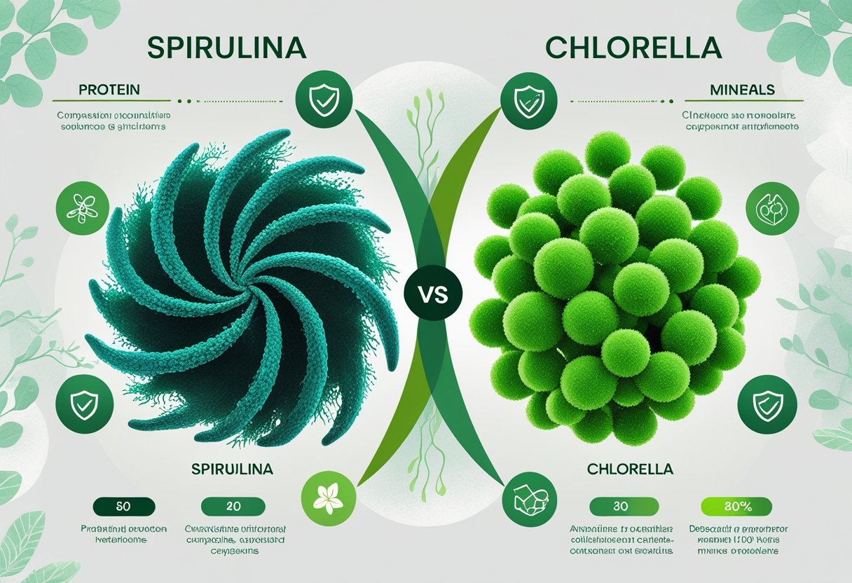 An illustration showing Spirulina and Chlorella algae side by side with icons representing their nutritional benefits.