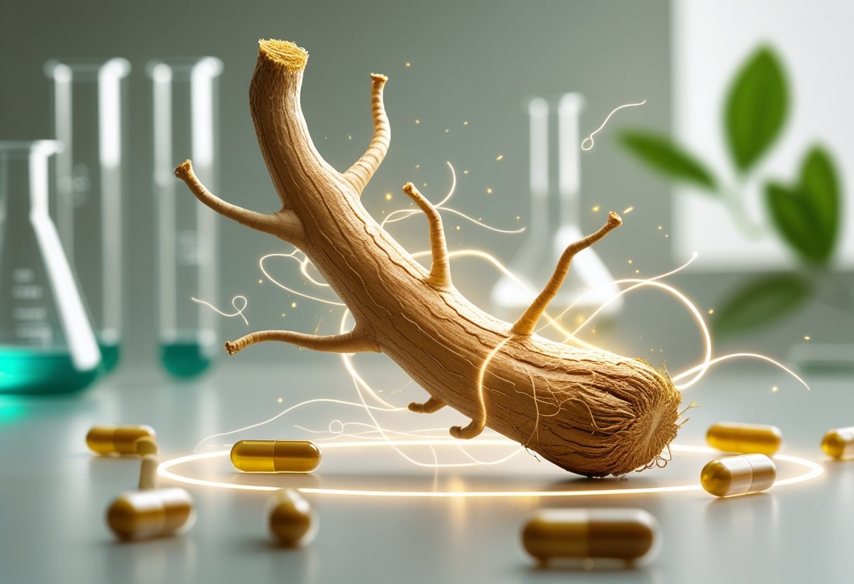 A detailed illustration of a ginseng root surrounded by supplement capsules and scientific laboratory glassware, representing the health benefits of ginseng supplements.