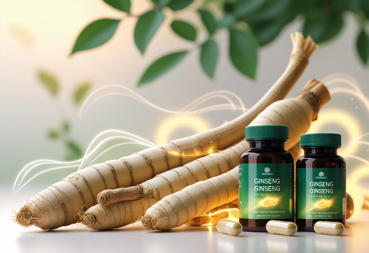 Close-up of ginseng roots next to supplement capsules and bottles with glowing light effects symbolizing health benefits.