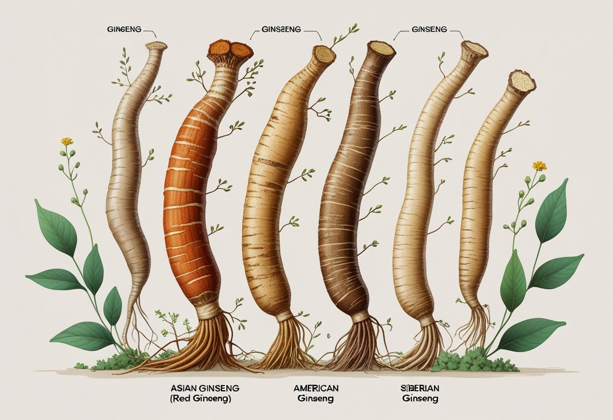 Illustration showing different types of ginseng roots with leaves and flowers, highlighting their distinct shapes and colors.
