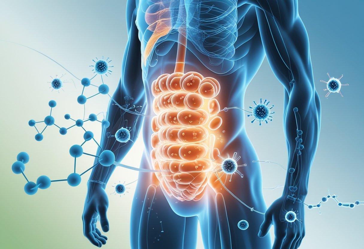 Illustration showing a human torso with fat cells breaking down and converting into energy, surrounded by scientific symbols representing metabolism.