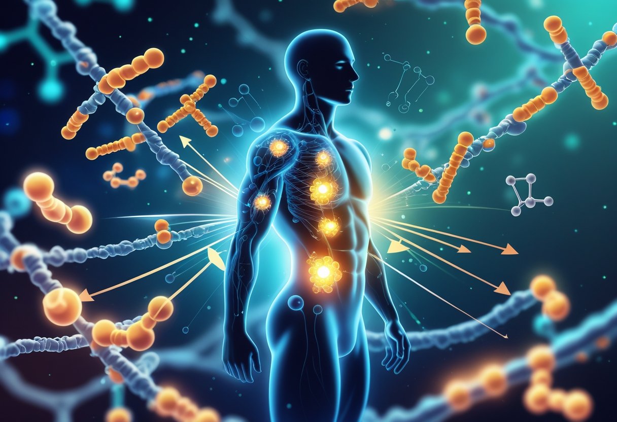 Illustration of a human body with fat cells breaking down into smaller molecules, surrounded by molecular structures and arrows showing fat converting into energy.