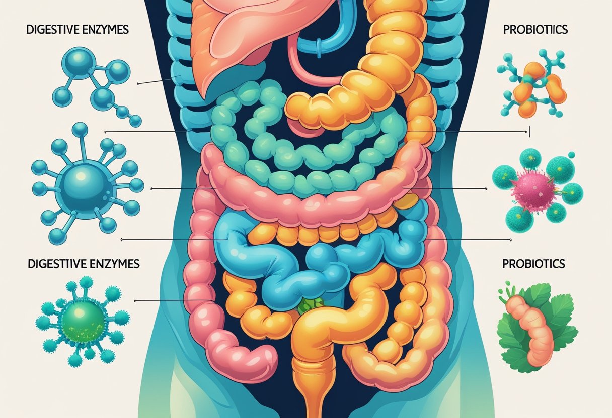 An illustration showing digestive enzymes breaking down food on one side and friendly probiotics supporting gut health on the other, with a human digestive system in the center.