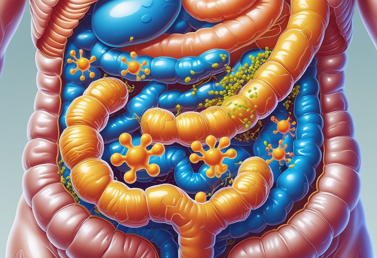 Illustration of the human digestive system highlighting digestive enzymes breaking down food and probiotic bacteria interacting with the gut lining.