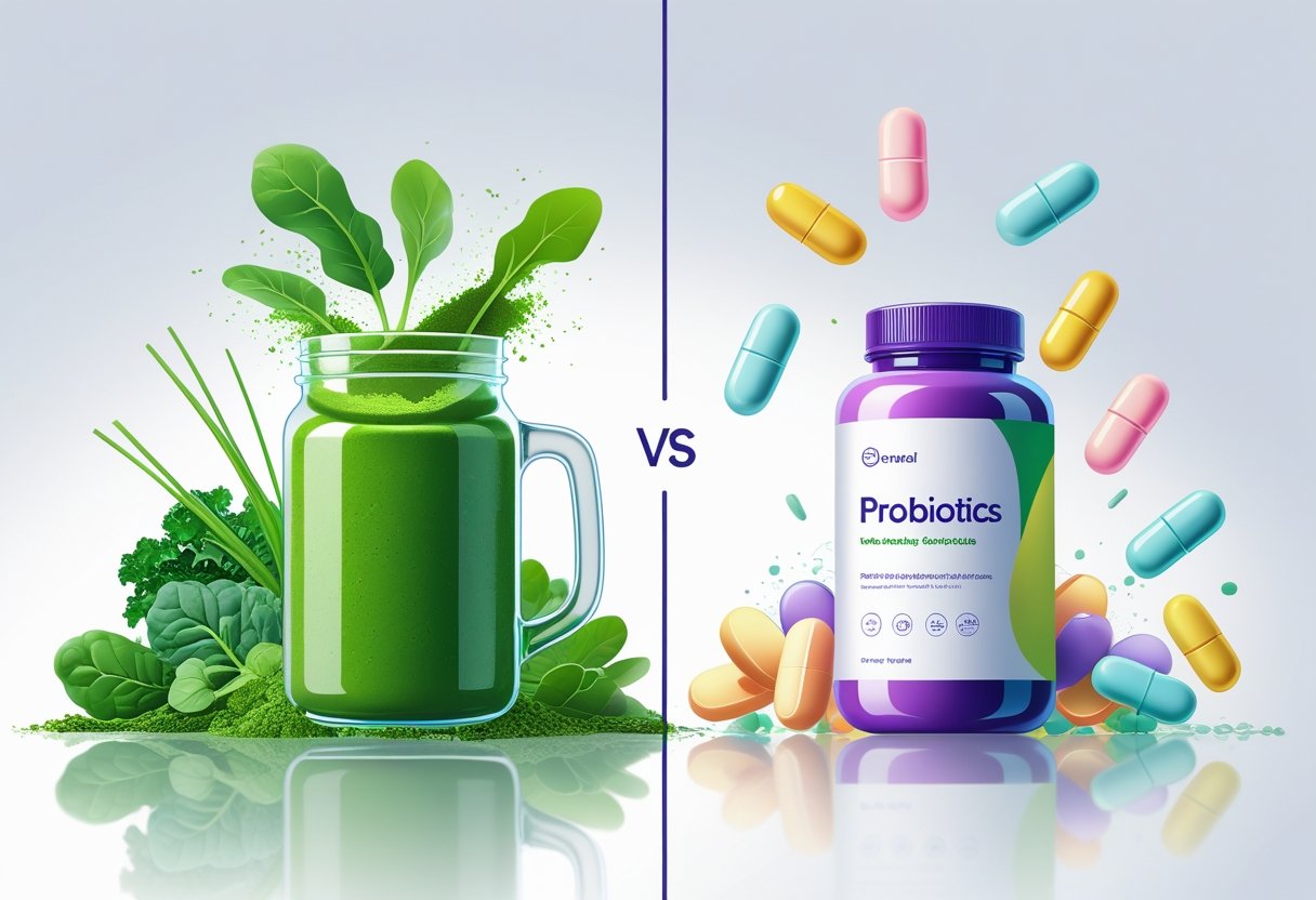 A balanced illustration showing a jar of green powder with leafy greens on one side and probiotic capsules with friendly gut bacteria on the other side.