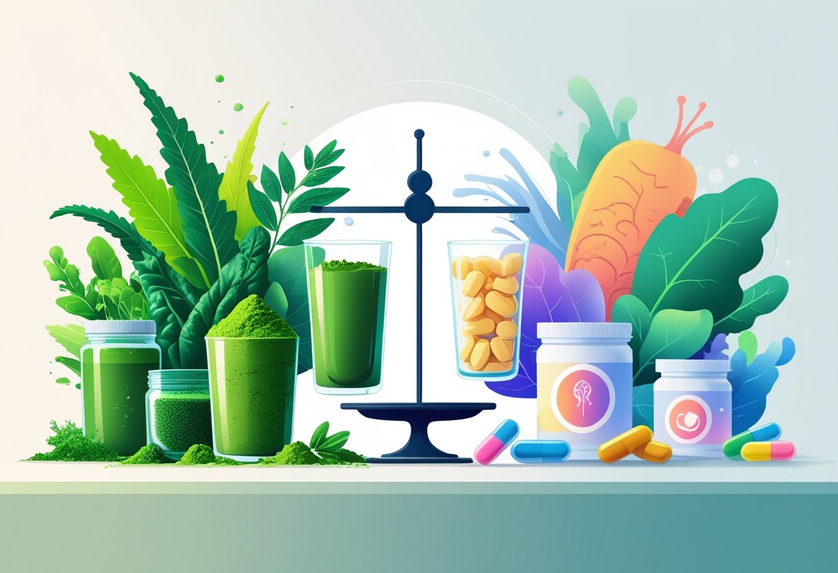 A balanced illustration showing green vegetables and smoothie on one side and probiotic capsules, yogurt, and a gut icon on the other side with a scale in the middle.