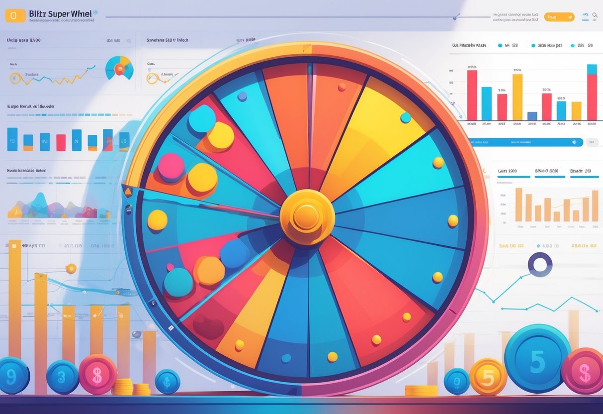 Ilustrasi sebuah roda putar besar dengan grafik dan diagram statistik di sekitarnya yang menunjukkan analisis hasil putaran sebanyak 500 hingga 1000 kali.