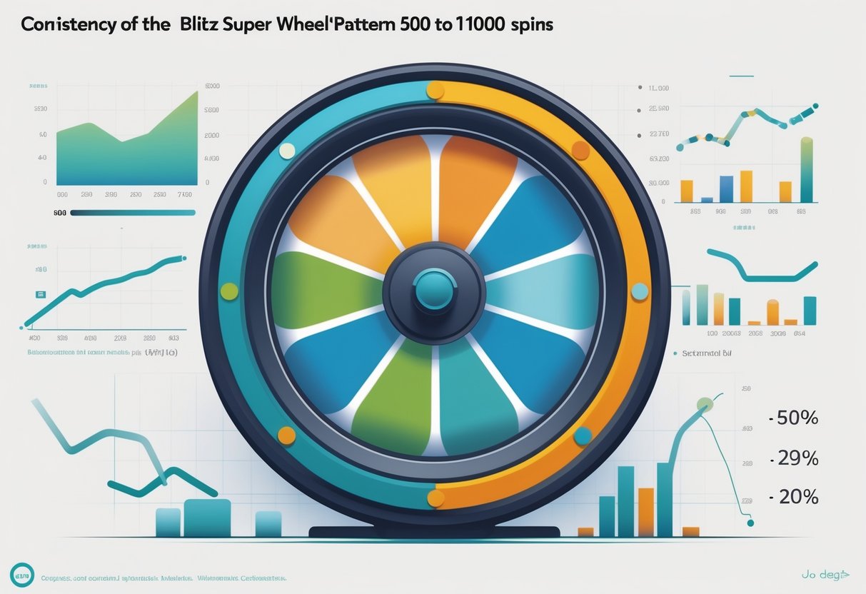 Ilustrasi grafik dan roda putar yang menunjukkan analisis pola konsistensi Blitz Super Wheel™ dari 500 hingga 1000 putaran.
