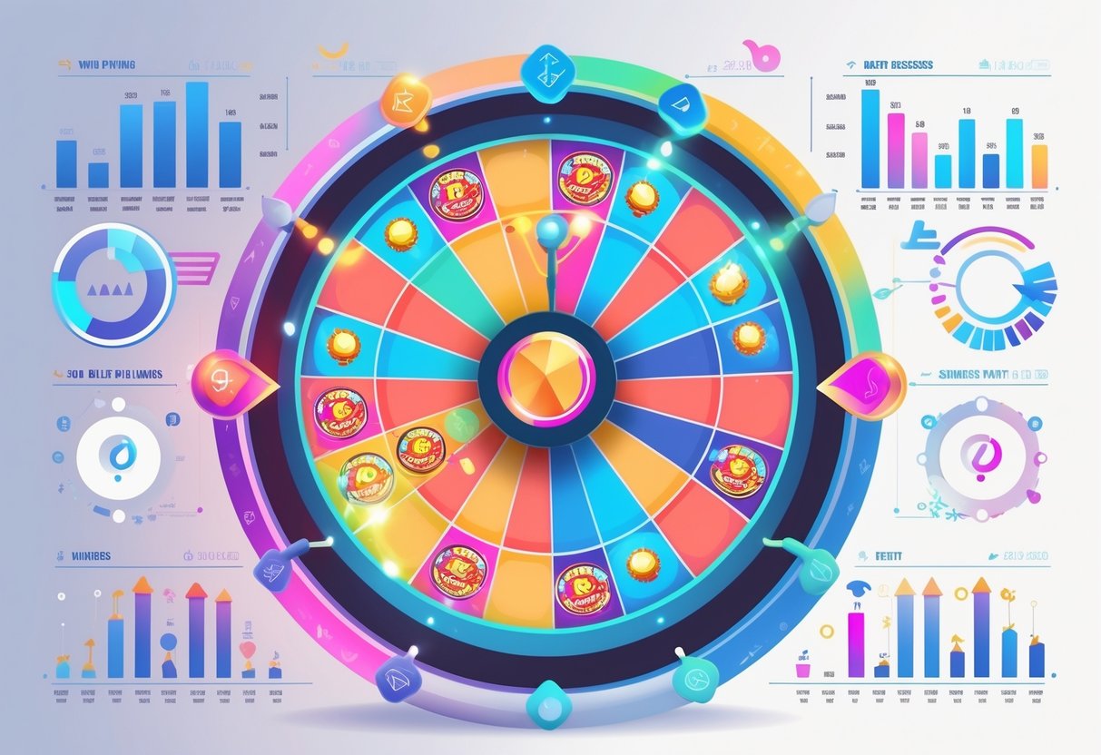 Ilustrasi grafik dan pola kemenangan dari analisis hasil putaran Blitz Super Wheel™ dengan berbagai diagram dan roda berwarna.