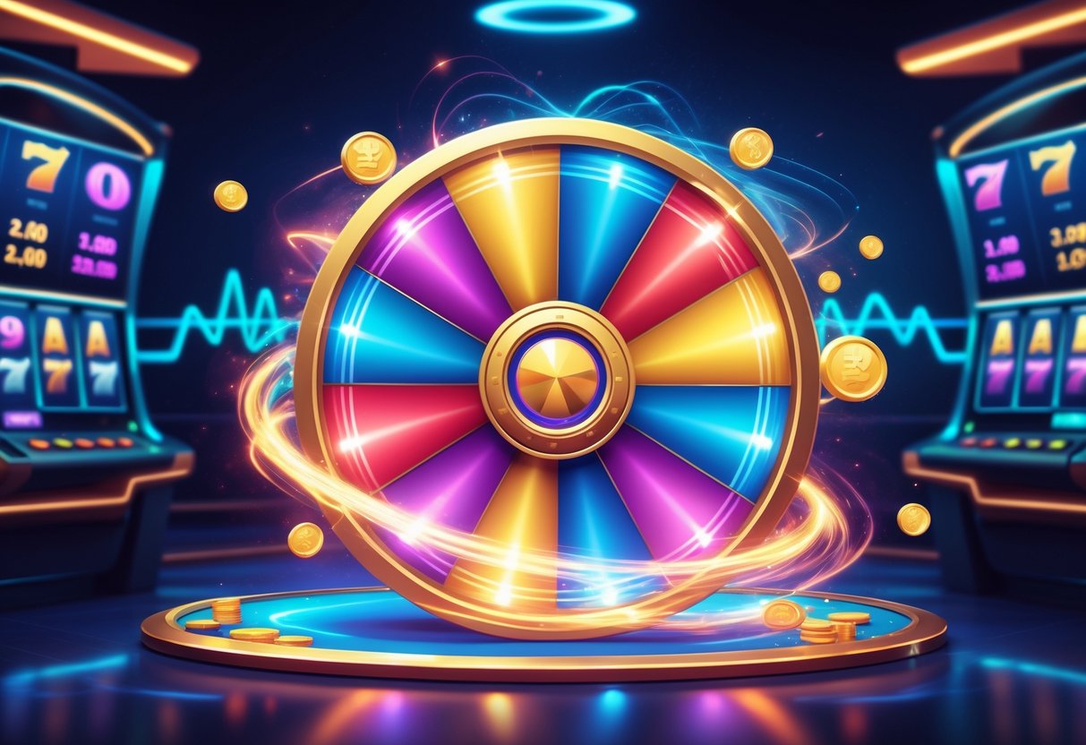 Ilustrasi roda berputar warna-warni dengan grafik naik turun dan mesin slot modern di latar belakang.