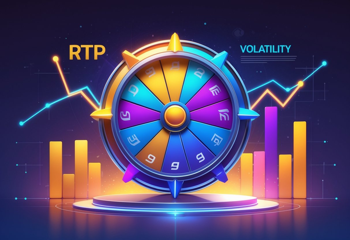 Ilustrasi sebuah roda berputar berwarna-warni dengan grafik yang menunjukkan konsep RTP dan volatilitas dalam permainan Blitz Super Wheel™.