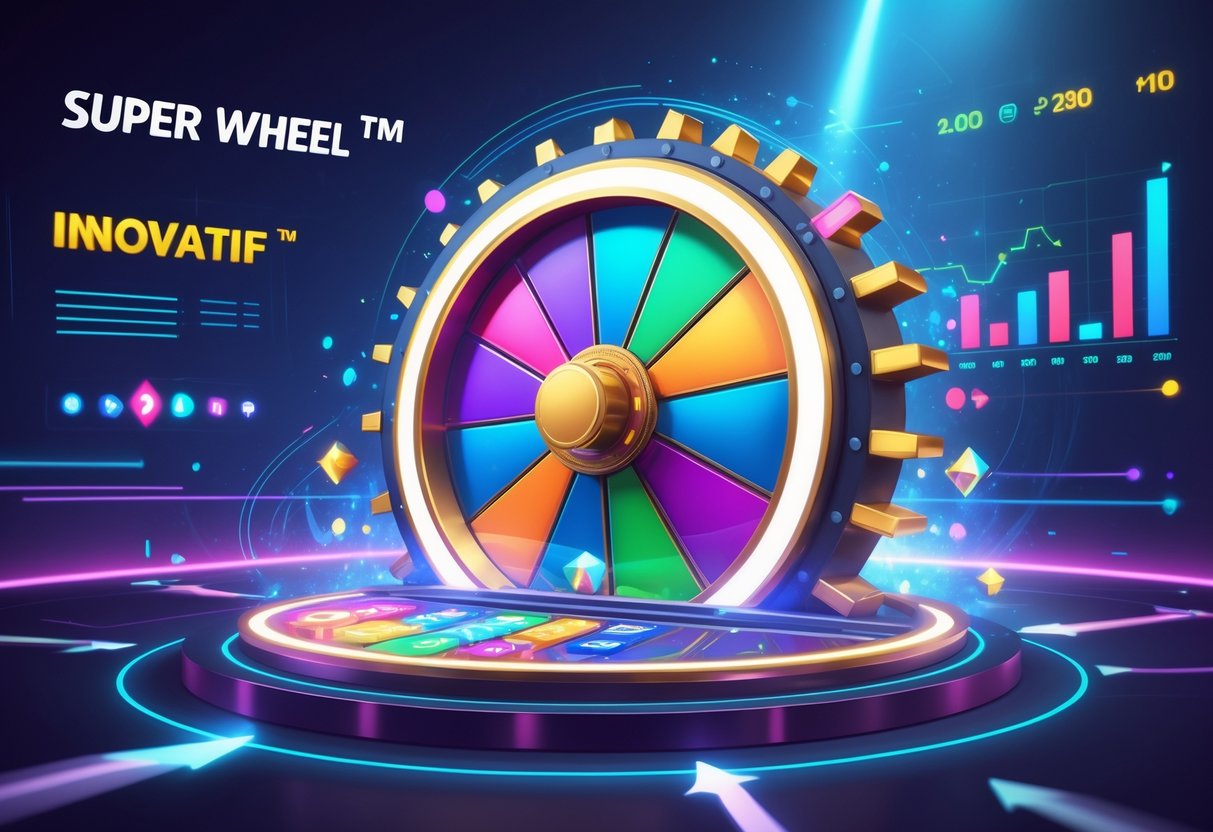 Ilustrasi roda berputar besar dengan berbagai segmen warna-warni dan elemen grafik yang menggambarkan fitur bonus dan statistik permainan.