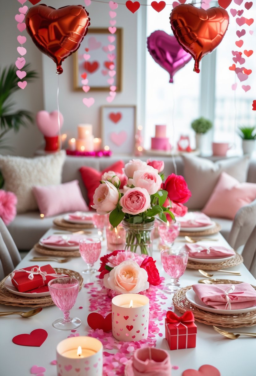 A decorated indoor party table with heart-shaped balloons, flowers, candles, and festive decorations for a Galentine's Day celebration.
