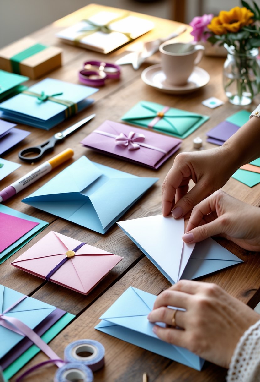 Hands folding a tri-fold card on a table with crafting supplies and finished cards nearby.
