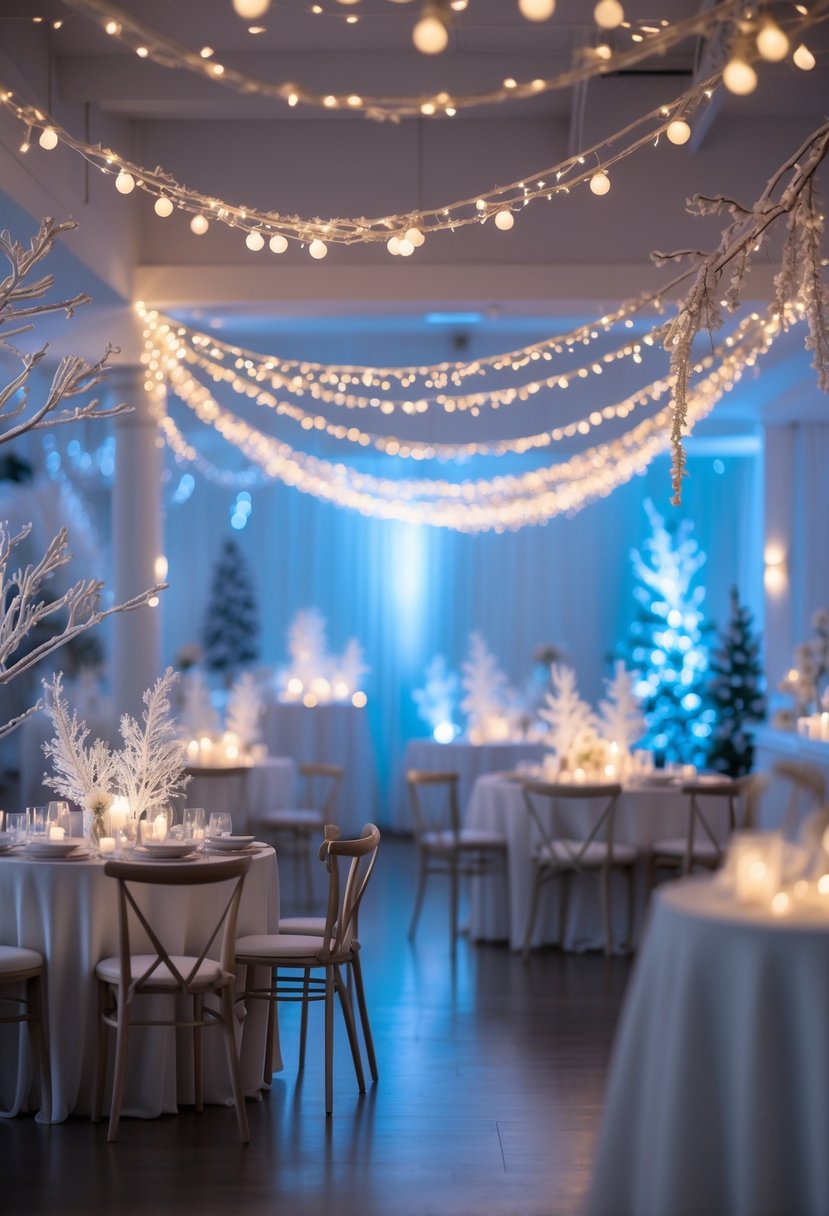 Indoor party scene with twinkling fairy lights draped across the ceiling and walls, decorated with winter-themed ornaments and soft lighting.