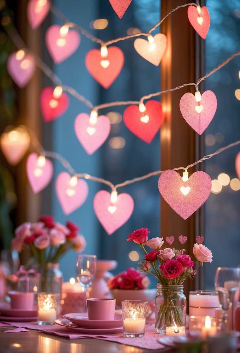 A cozy indoor scene with heart-shaped fairy lights glowing above a decorated table set for a celebration.