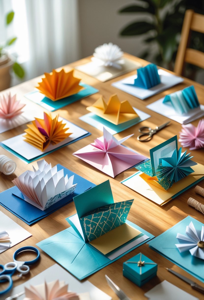 A collection of colorful handmade fancy fold cards displayed on a wooden table with crafting tools nearby.