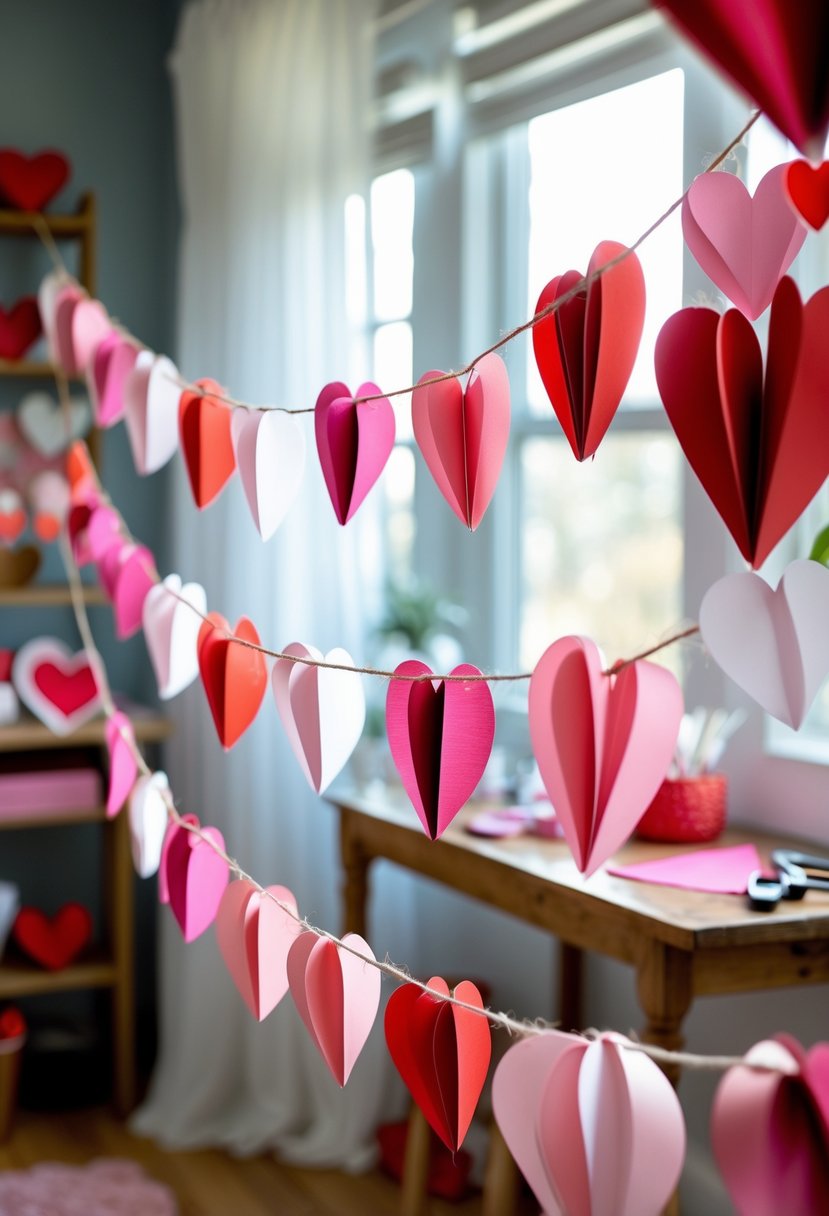 A cozy room decorated with colorful paper heart garlands and craft supplies on a table, creating a festive party atmosphere.