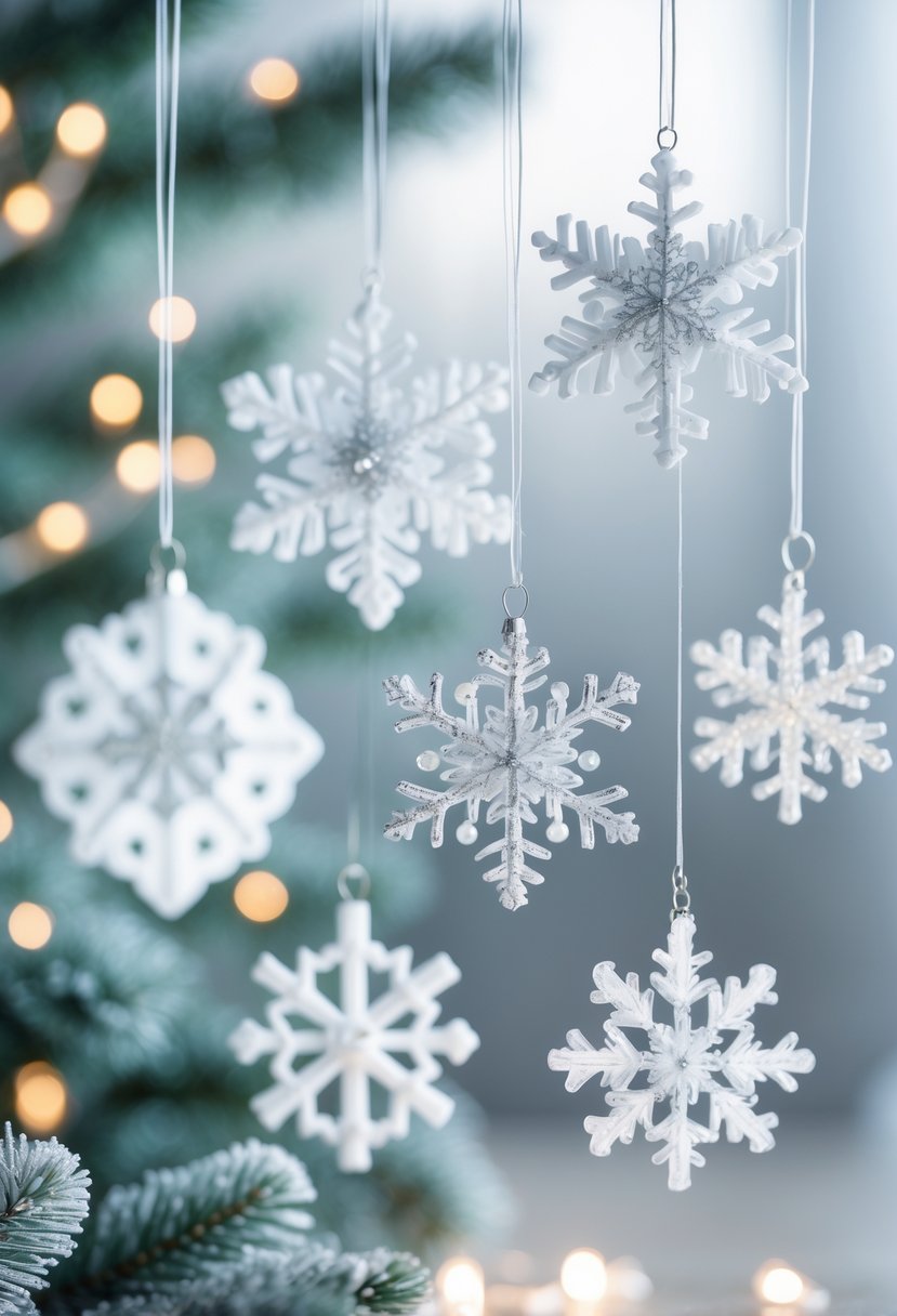 White and silver snowflake-shaped ornaments hanging with a blurred winter background and twinkling lights.