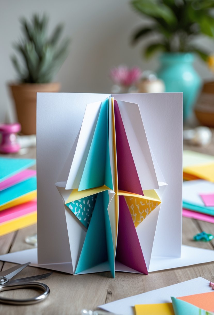 A split-front fun fold greeting card partially open on a wooden table surrounded by crafting supplies.