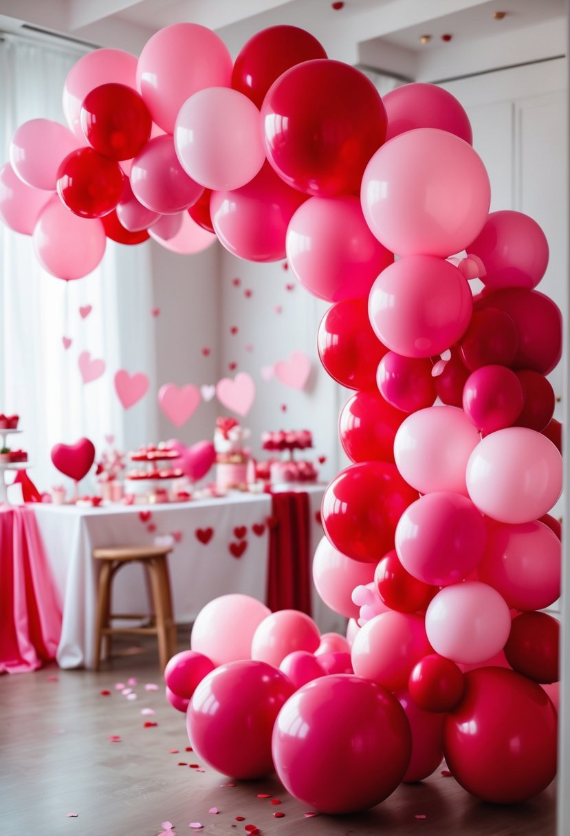 A colorful pink and red balloon arch at a festive indoor party with decorations and a snack table in the background.