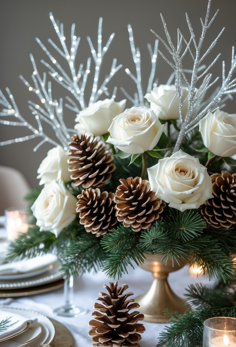 A table with centerpieces made of pine cones, white roses, and glittering branches.