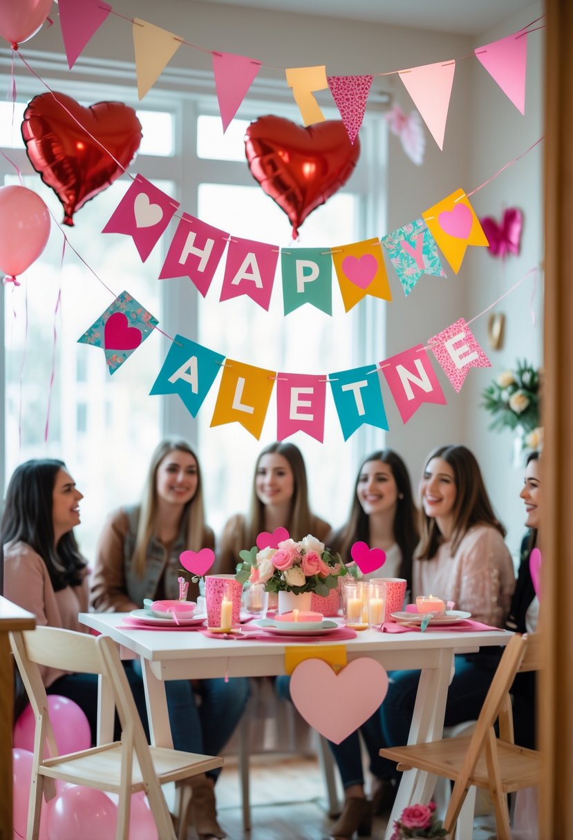 A festive indoor scene with colorful customized name banners and party decorations for a Galentine's Day celebration, featuring balloons, flowers, and friends enjoying the gathering.