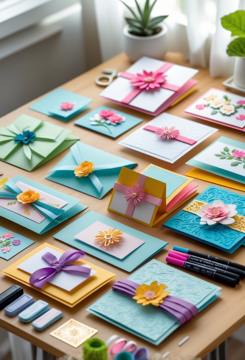 A collection of colorful folded greeting cards and crafting tools arranged on a wooden table.