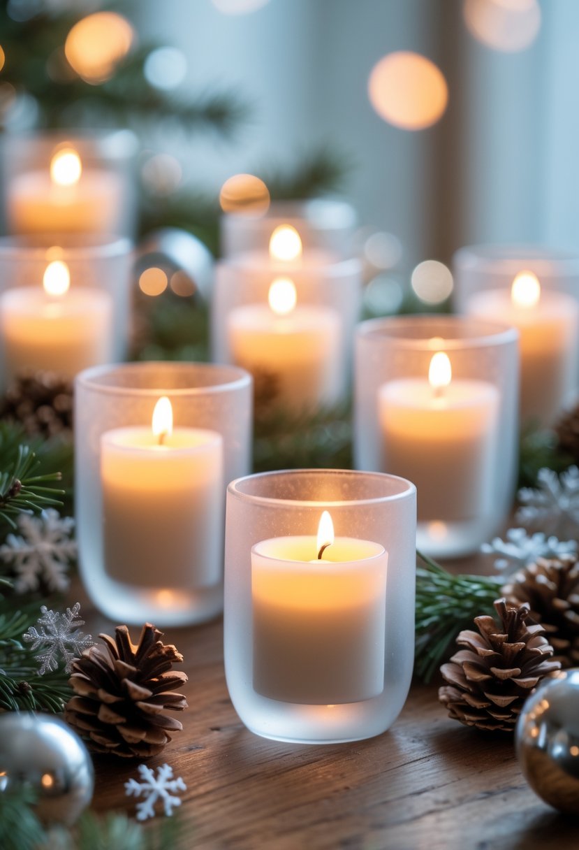 Frosted glass candle holders with glowing LED candles arranged on a table with winter decorations.
