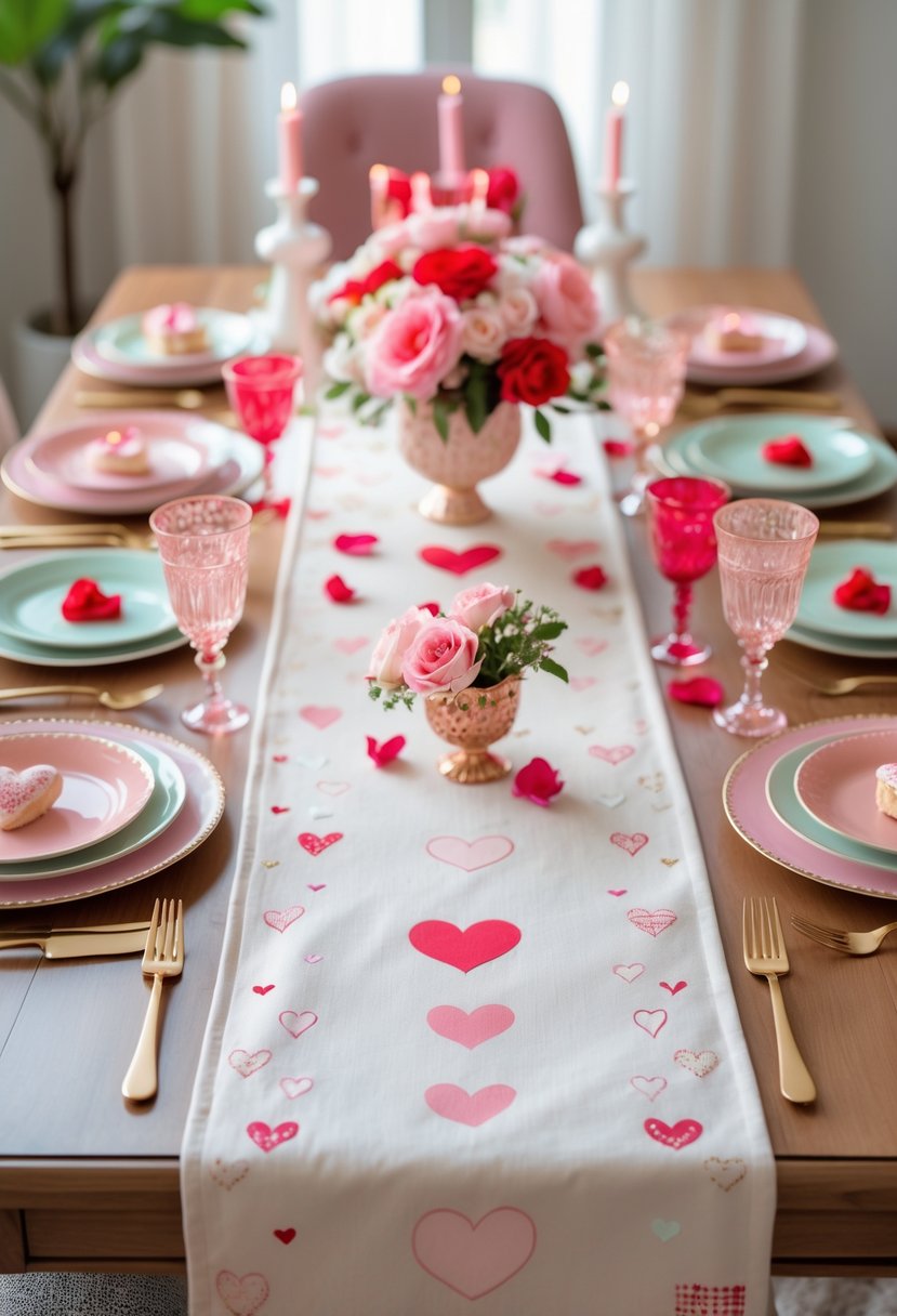 A dining table set for a cheerful Galentine's Day party with a heart-patterned table runner, pastel plates, floral arrangements, candles, and rose petals.