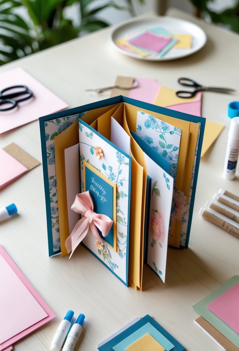 A partially open double Z-fold card on a wooden table surrounded by crafting supplies like scissors, paper, and markers.