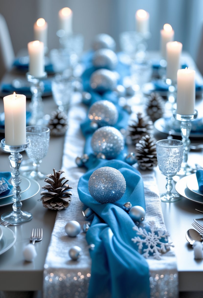 A table decorated with icy blue and silver runners, candles, pine cones, and snowflake ornaments for a winter party.