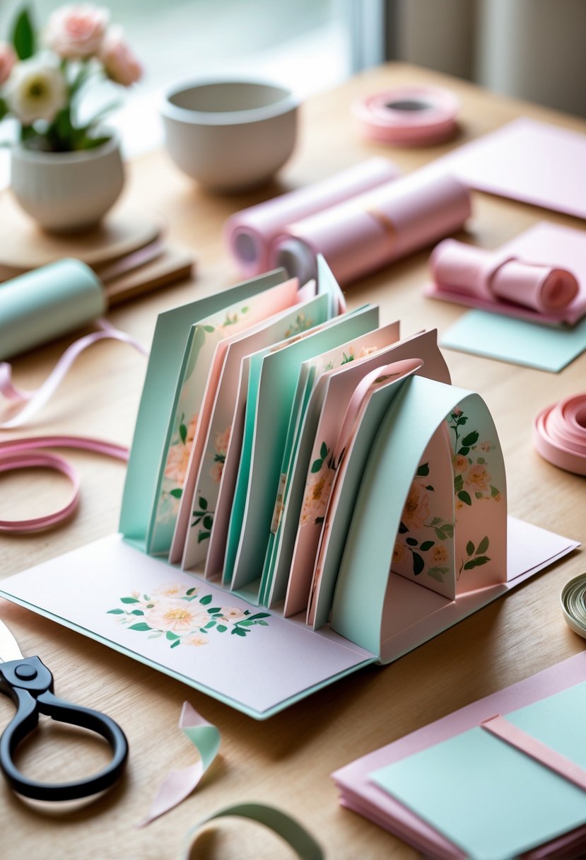 An accordion fold card partially open on a wooden table surrounded by crafting supplies.