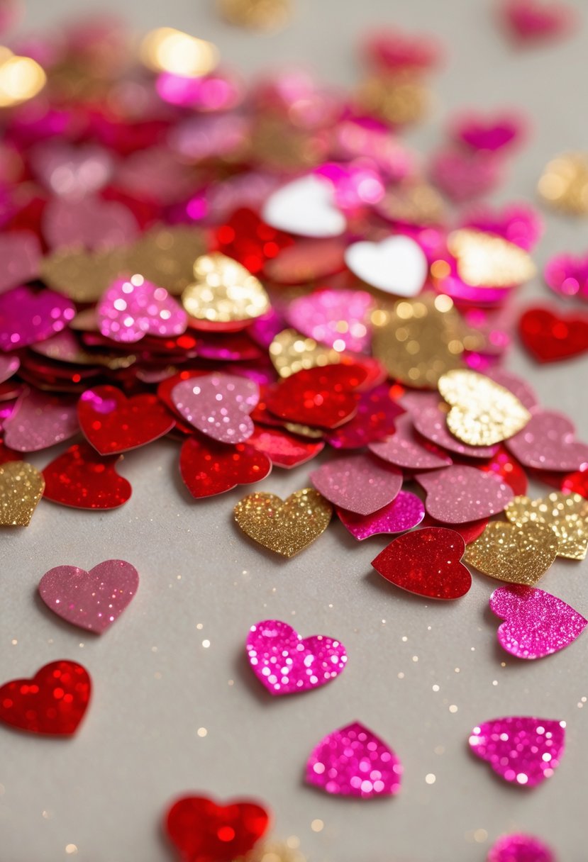 Close-up of glittery heart-shaped confetti scattered on a light surface.