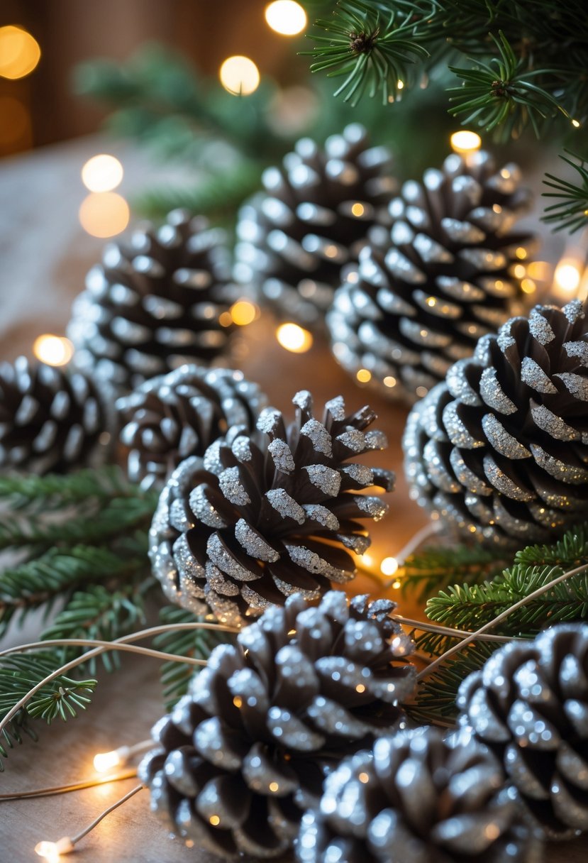 Close-up of glitter-coated pine cone garlands hanging with soft lights and evergreen branches in the background.