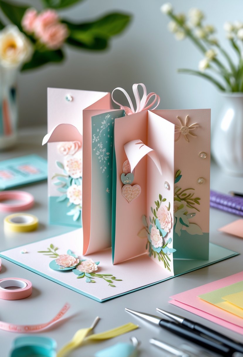 A gate fold card partially opened on a workspace with crafting tools around it.