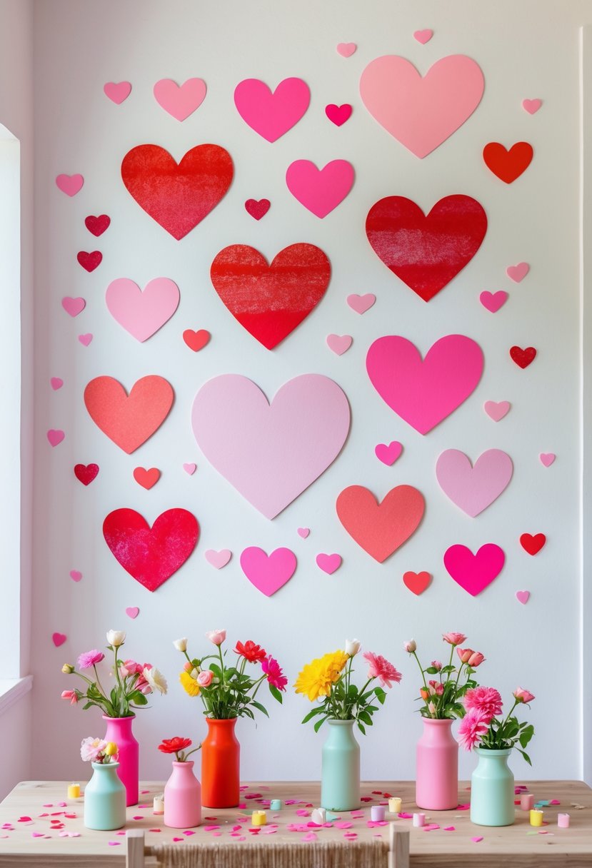 A room with a white wall decorated with red and pink heart stencils and a table with flowers, candles, and confetti for a festive party.