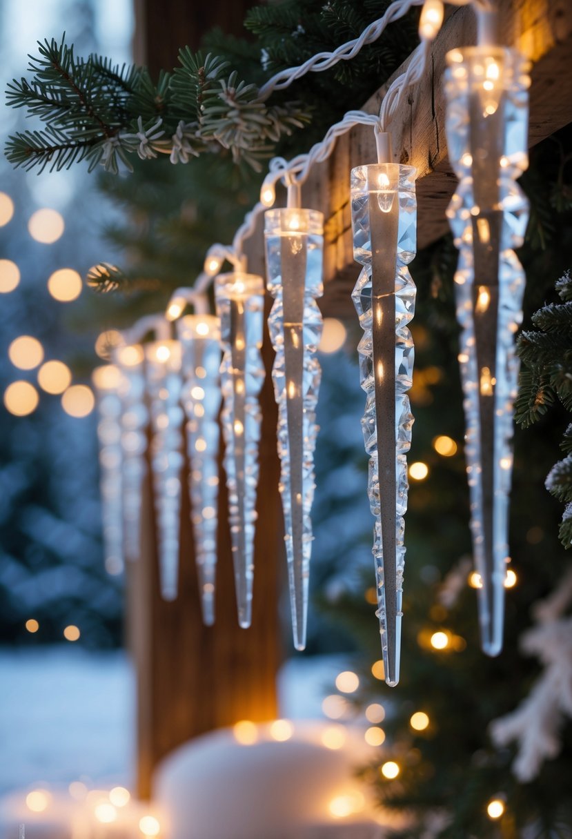 Crystal icicle string lights glowing softly, hanging among frosted branches in a winter party setting.