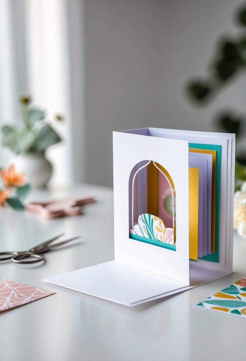 A partially open handmade card with a peekaboo window showing colorful interior layers on a bright surface with crafting materials around it.