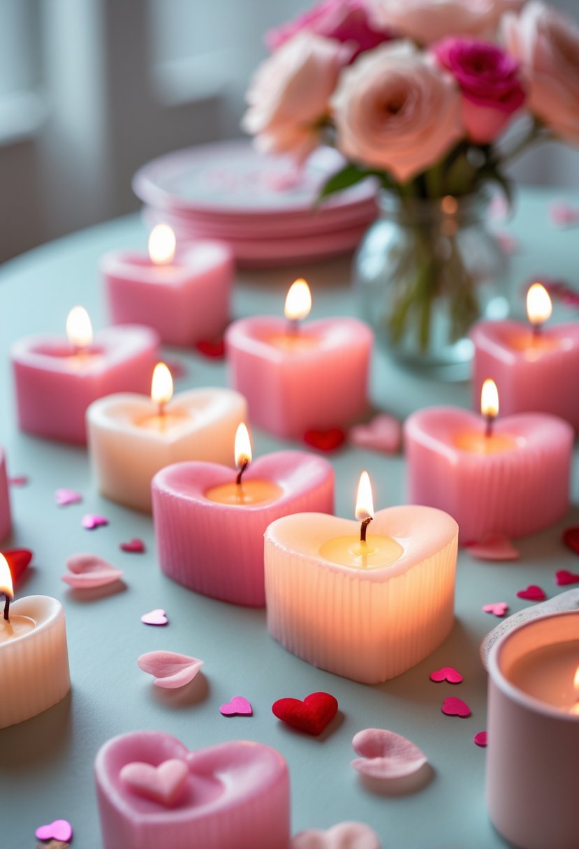 Mini heart-shaped candles lit and arranged on a table with flower petals and small heart decorations.