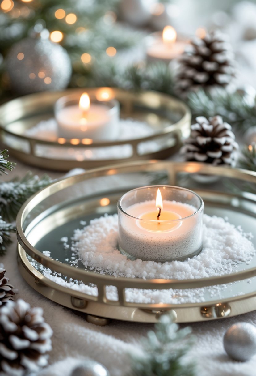 Mirrored trays decorated with faux snow and tealight candles arranged for a winter party setting.