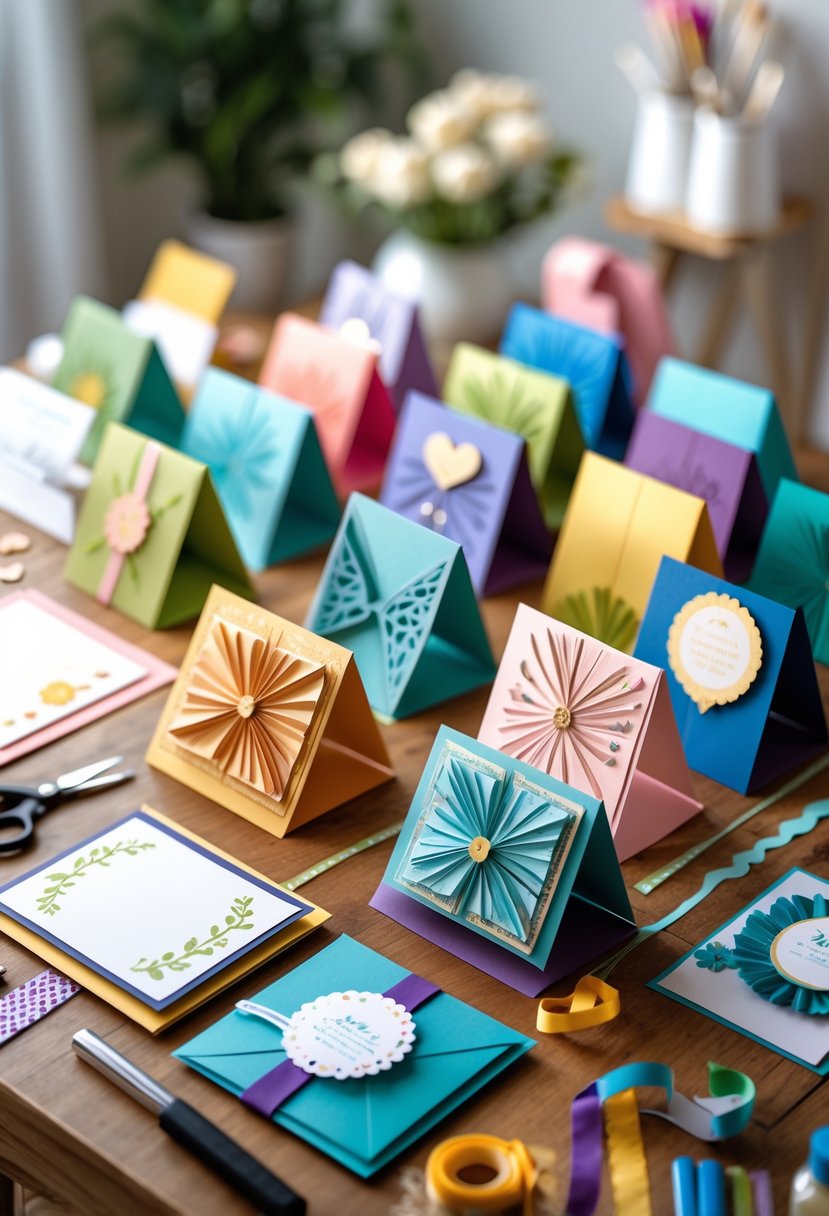 A workspace with various colorful handmade folded cards and crafting tools arranged on a wooden table.