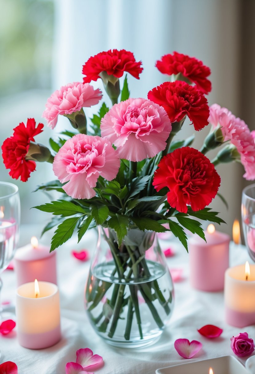 A floral centerpiece with pink and red carnations in a glass vase on a white table, surrounded by candles and heart-shaped decorations.