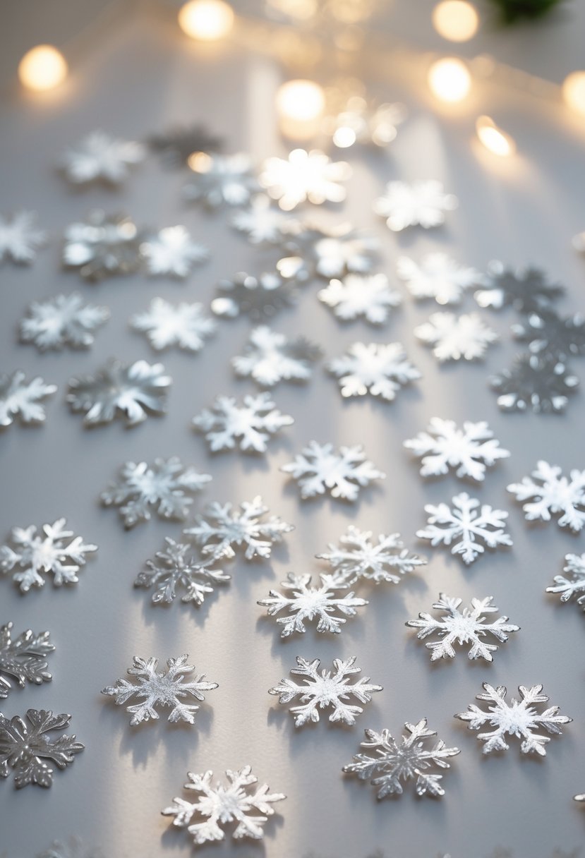 Silver snowflake confetti scattered on a table surface.