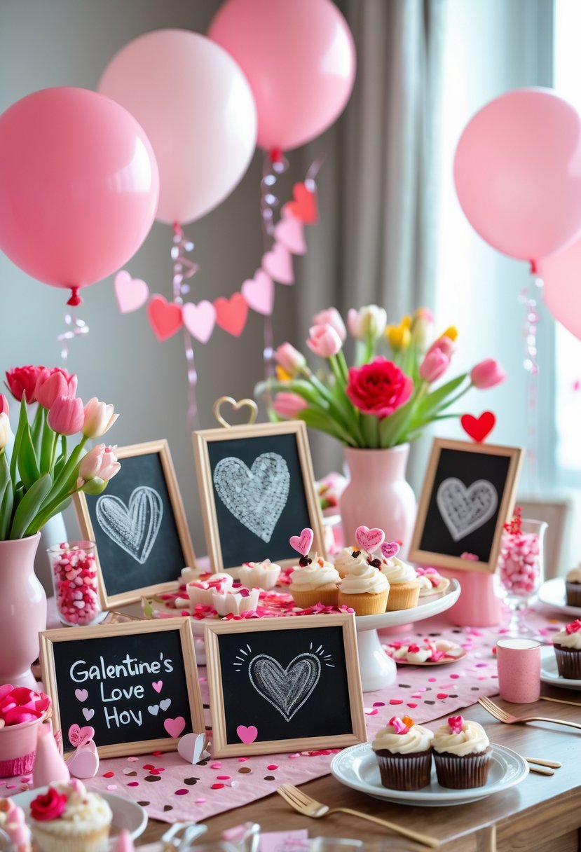 A decorated table with chalkboards featuring heart drawings, surrounded by flowers, balloons, and party treats for a Galentine's Day celebration.