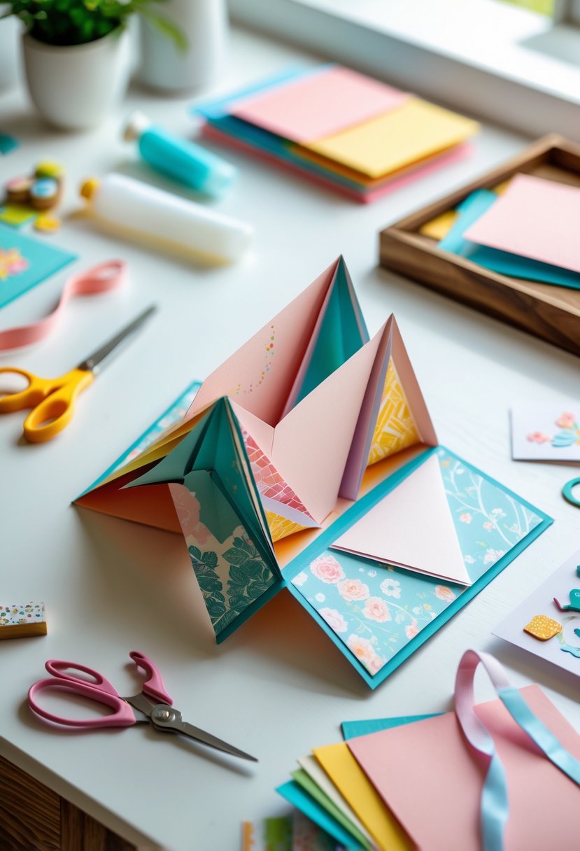A double diamond fold card partially open on a wooden table with crafting tools and materials around it.