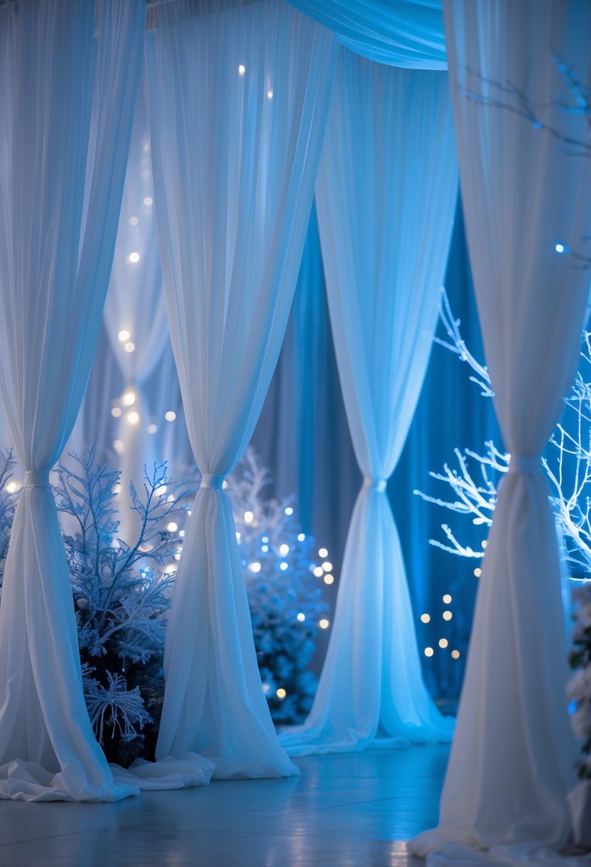 Indoor scene with sheer white drapes softly lit by blue lights and winter-themed decorations.