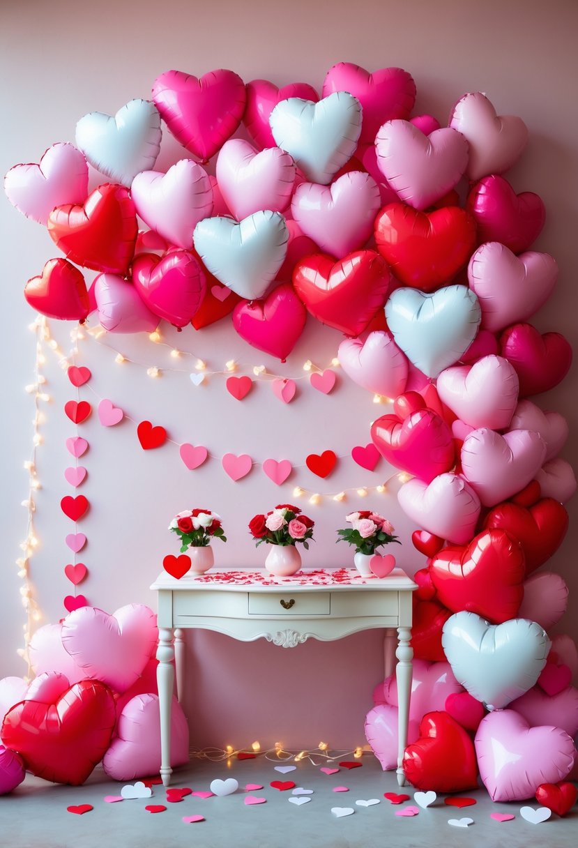 A colorful Valentine's Day party backdrop with heart-shaped balloons, paper heart garland, fairy lights, and a decorated table with flowers and heart-shaped props.