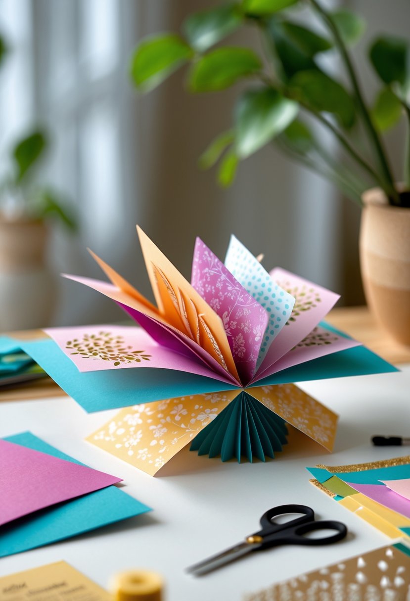 An open pop-up fancy fold card on a wooden table surrounded by crafting materials like scissors, glue, and decorative papers.
