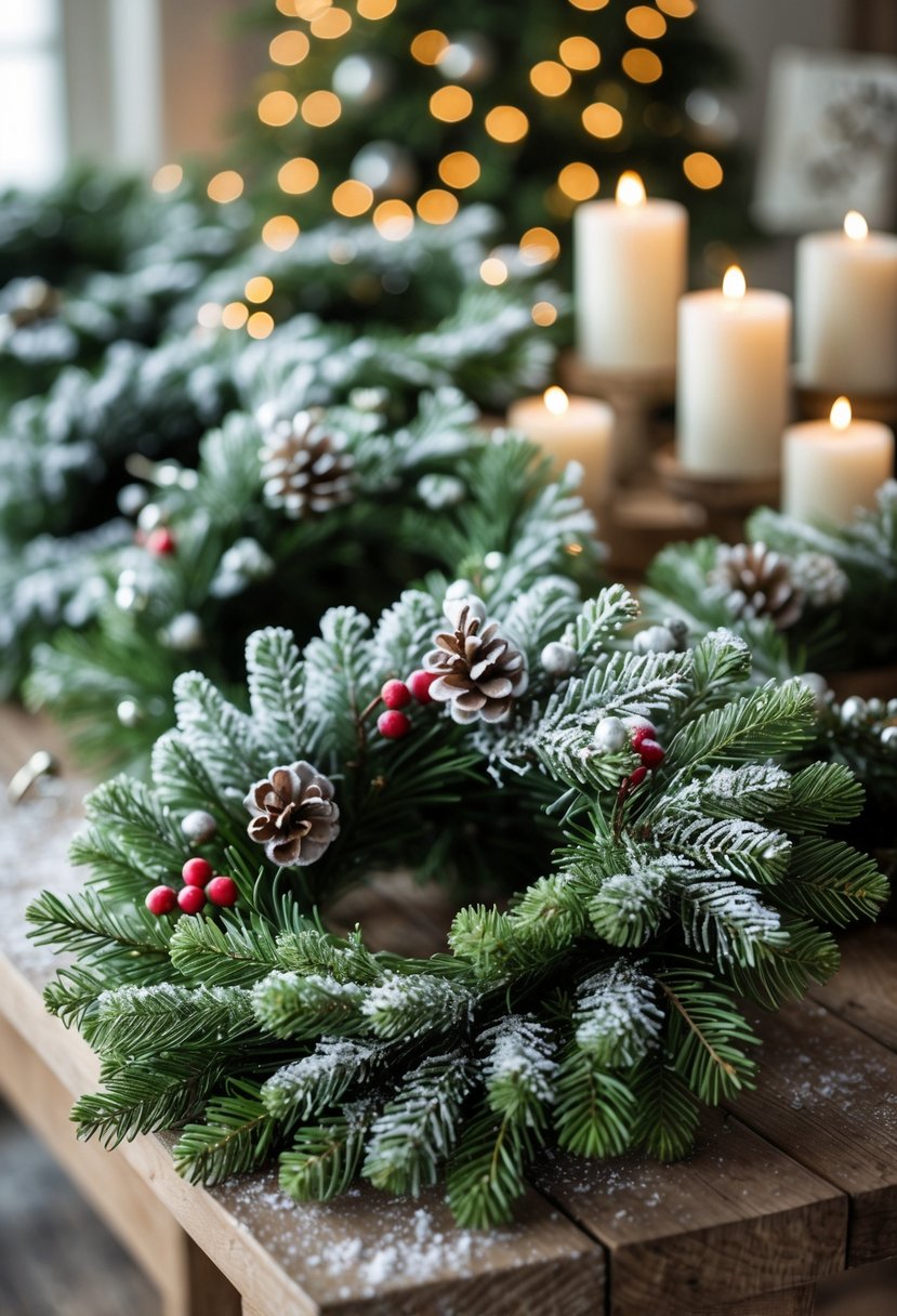 Several snow-dusted artificial evergreen wreaths decorated with pinecones and red berries on a wooden table with soft lighting.